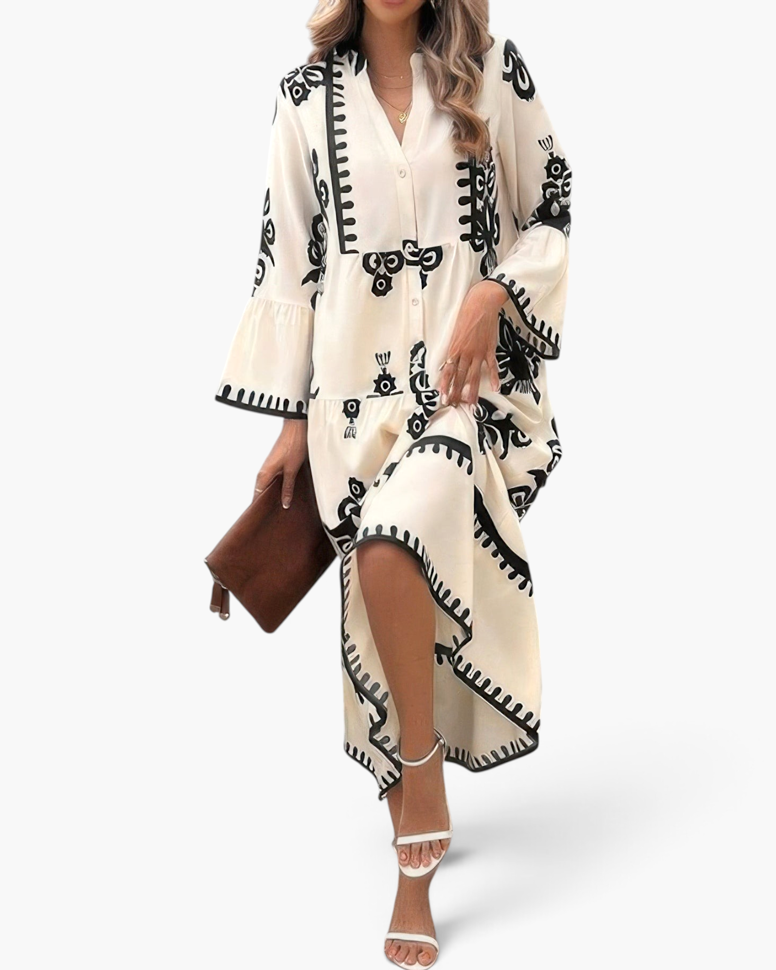 Beach Rose Co. cream maxi dress with black medallion print, button-front bodice, and three-quarter bell sleeves.