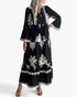 Beach Rose Co. black and white boho maxi dress with medallion print, tiered skirt, and three-quarter bell sleeves.