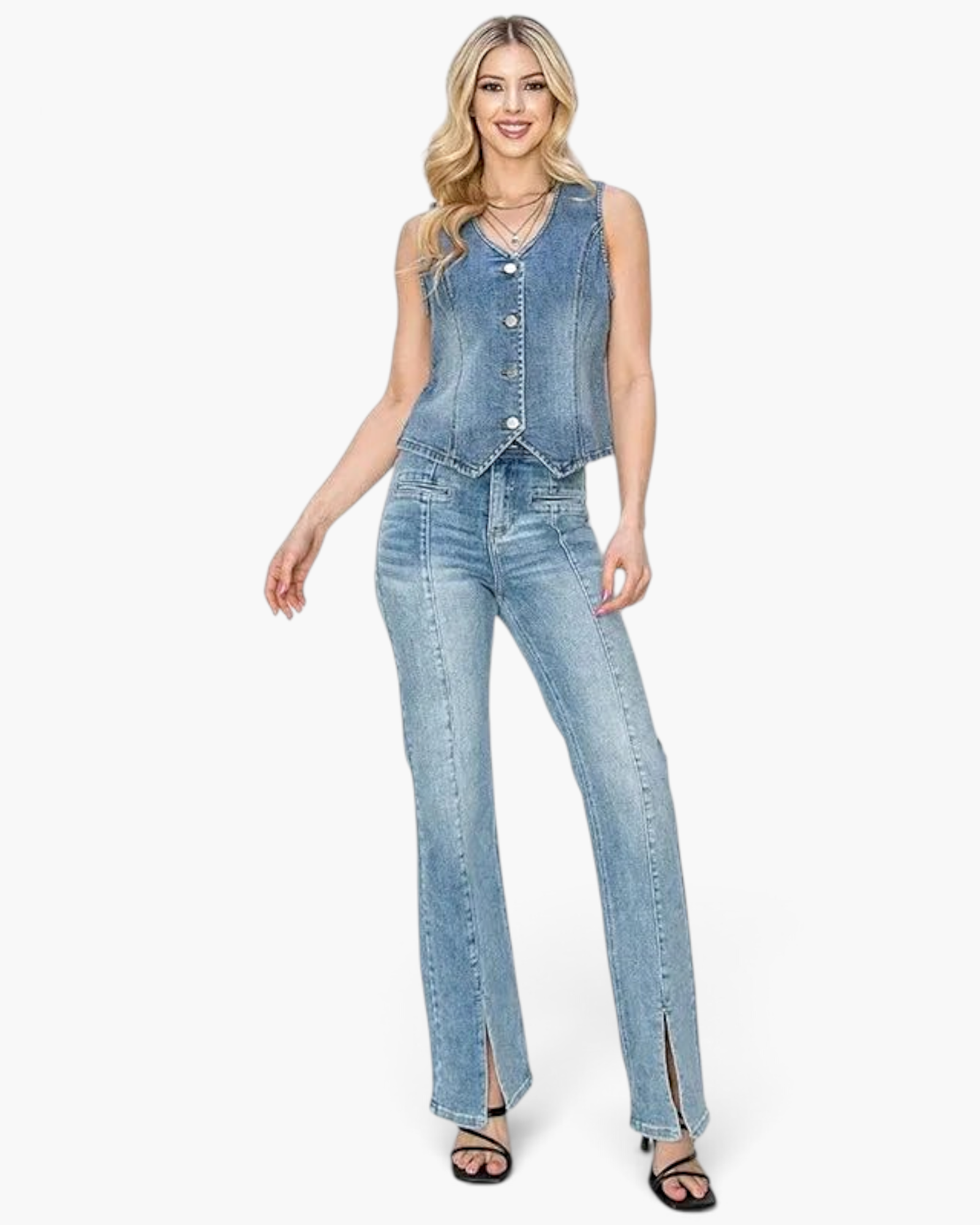 Beach Rose Co. medium wash denim vest with V-neck and silver buttons worn by a blonde model with matching jeans.