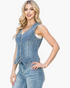 Beach Rose Co. medium wash stretch denim vest with V-neck, silver buttons, and angled hem worn by a blonde model.