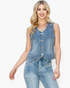 Beach Rose Co. medium wash stretch denim vest with a V-neckline, silver buttons, and an angled hem on a model.