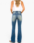 Beach Rose Co. medium wash high-rise flare jeans with Western-inspired pointed contrast seaming on the lower legs.