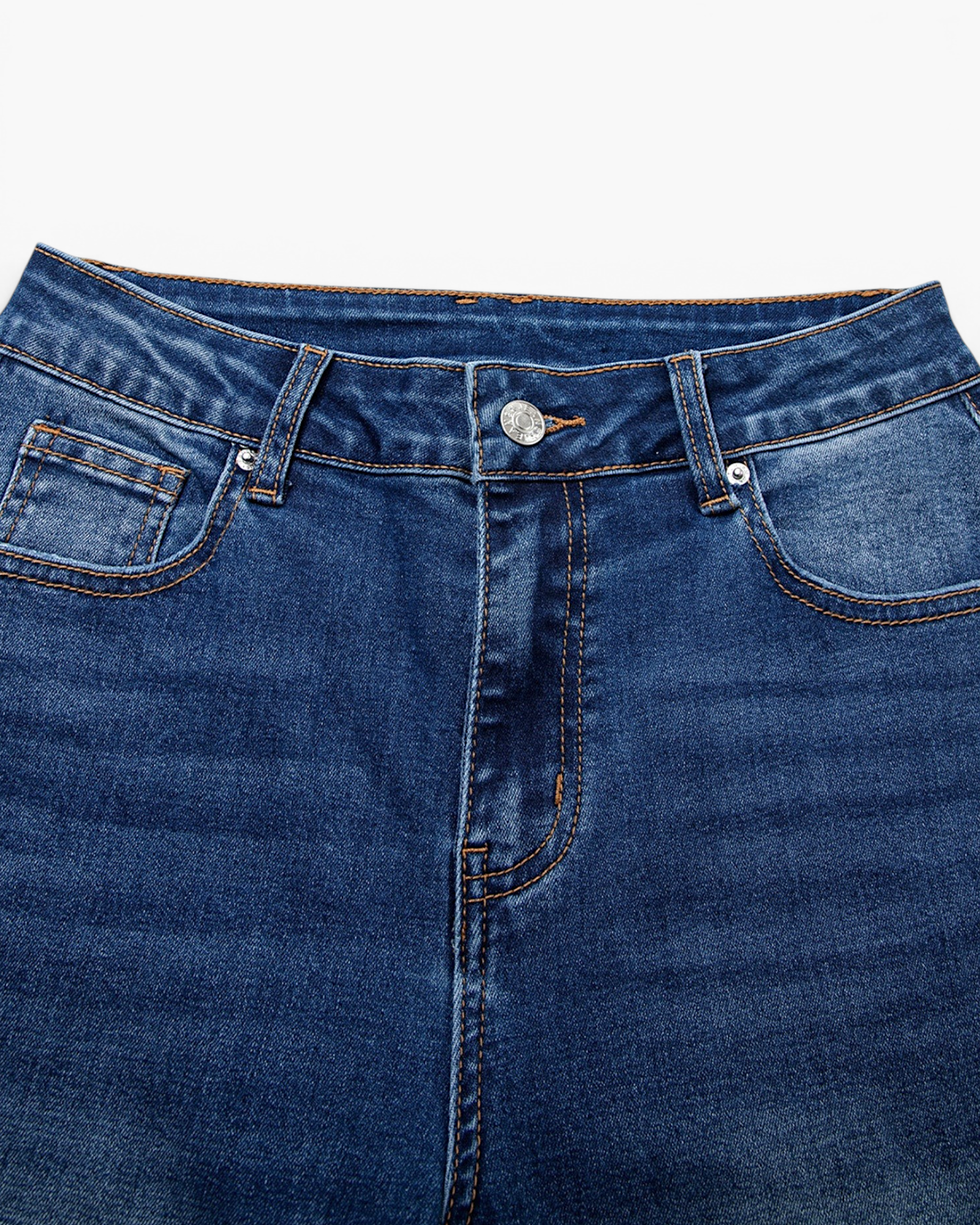 Beach Rose Co. medium wash high-rise denim jeans featuring a button-and-zip closure and classic five-pocket design.