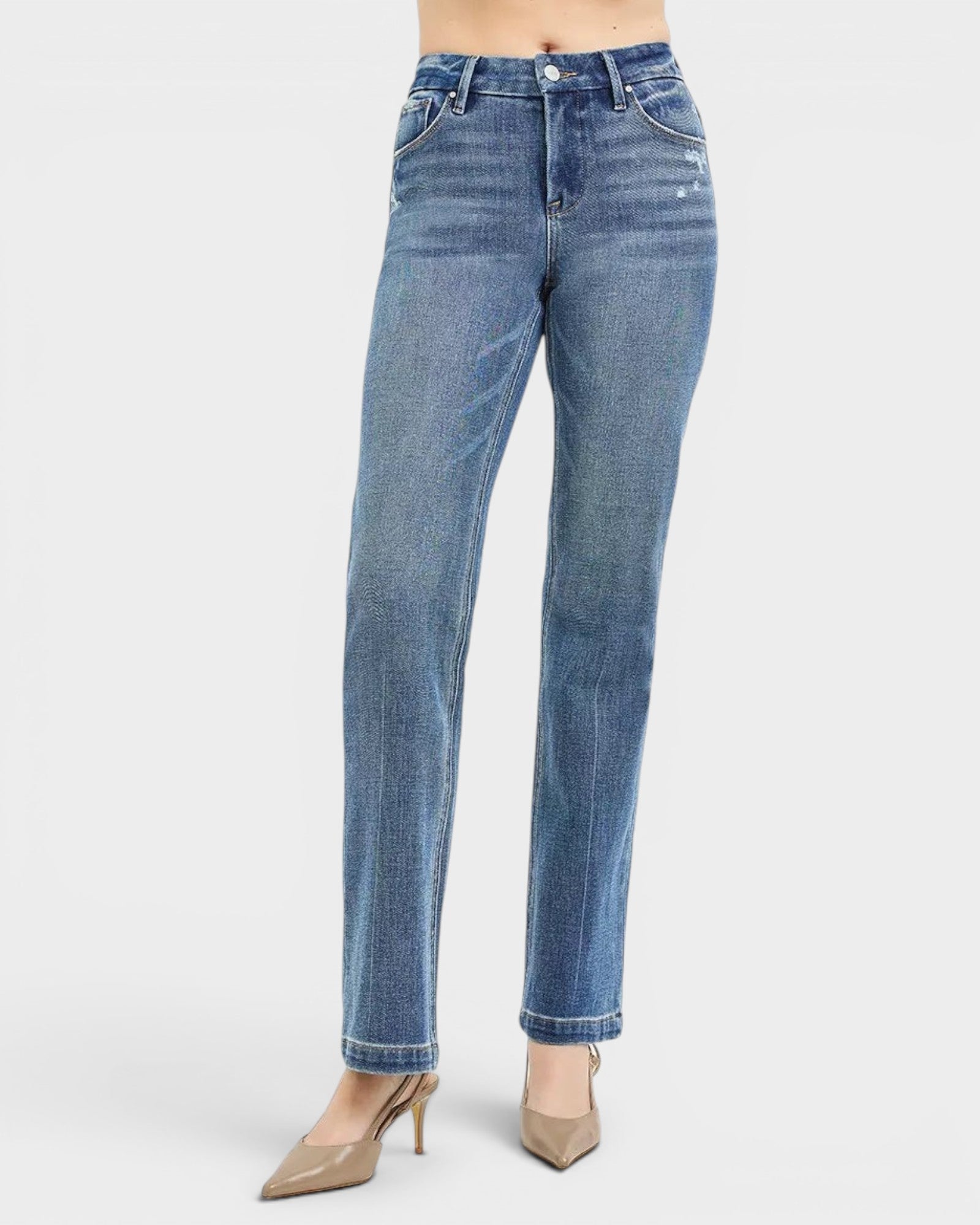 Beach Rose Co. Medium wash tummy control straight leg jeans made from cotton, polyester, and spandex blend with a mid-rise waist and subtle crease detailing.