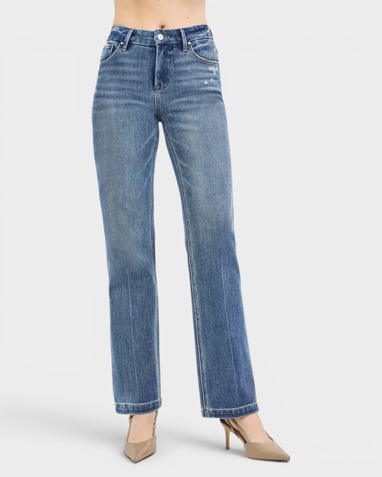 Beach Rose Co. Medium wash straight leg jeans with tummy control and 4-way stretch fabric. Features pockets and zipper.