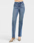 Beach Rose Co. Medium wash tummy control straight leg jeans made from cotton, polyester, and spandex blend with a mid-rise waist and subtle crease detailing.