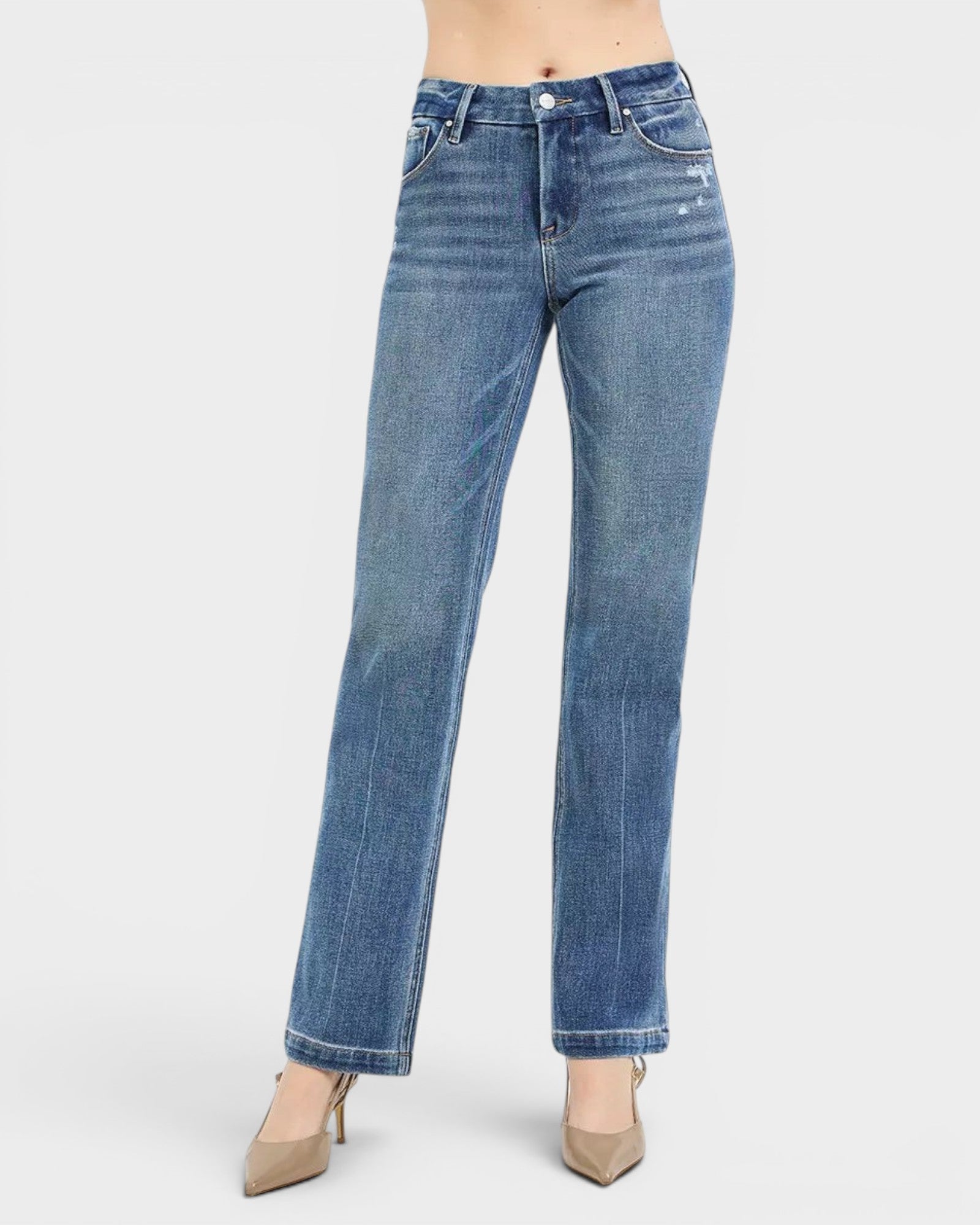Beach Rose Co. medium wash denim jeans with tummy control and straight leg cut, made from cotton blend with 4-way stretch.