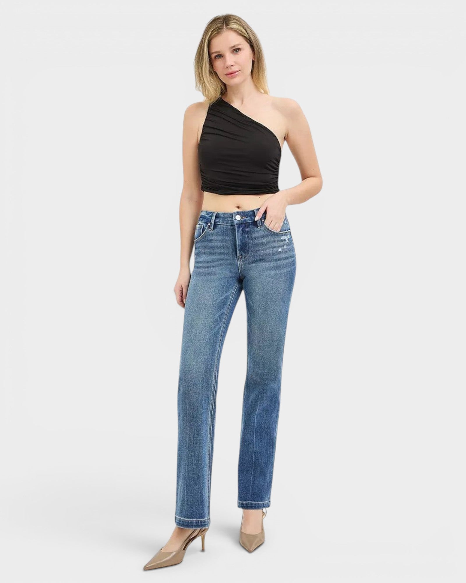 Beach Rose Co. Medium wash tummy control straight leg jeans with 4-way stretch fabric and subtle crease detailing.