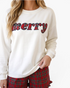 Beach Rose Co. white long sleeve crewneck top with merry plaid lettering and matching red plaid ruffle shorts