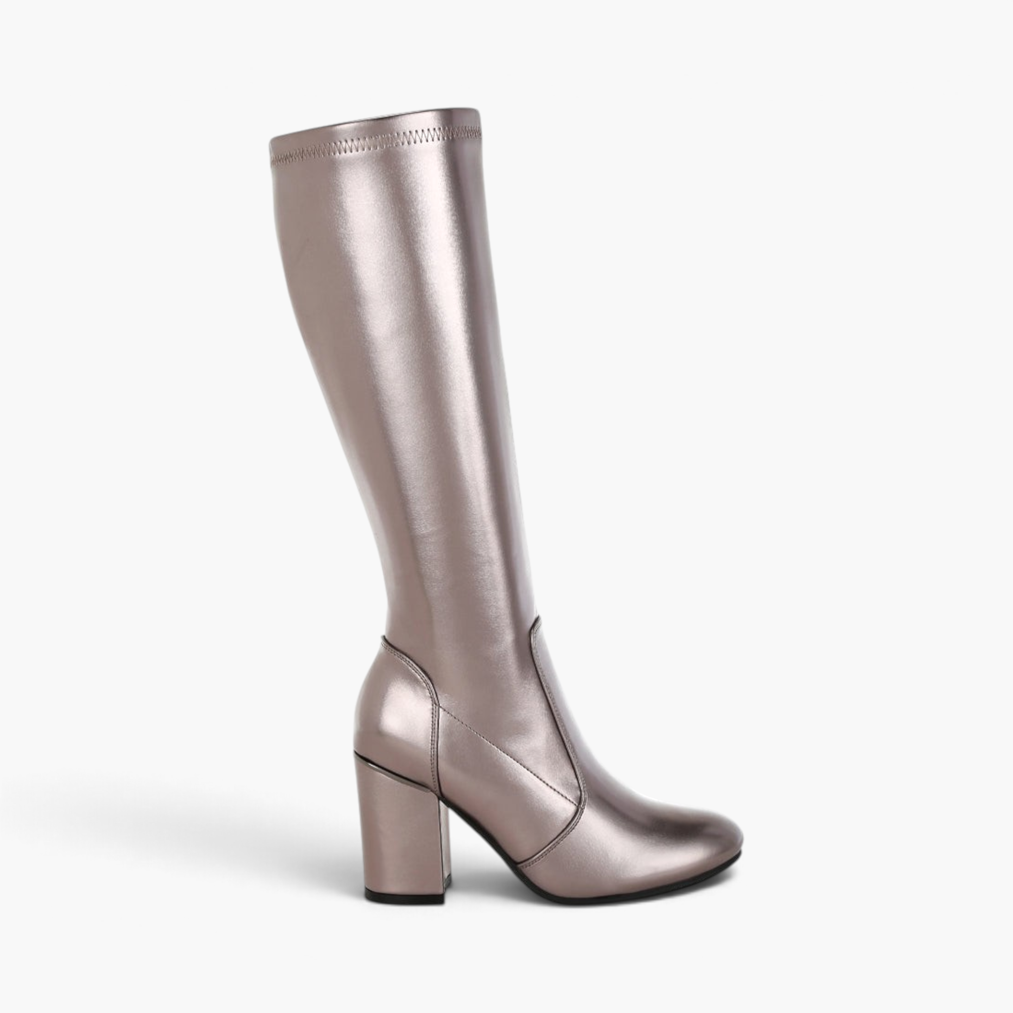 Beach Rose Co. metallic knee-high boots with a 3-inch block heel, side zipper, and stretchable pleather finish.