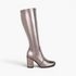 Beach Rose Co. metallic knee-high boots with a 3-inch block heel, side zipper, and stretchable pleather finish.