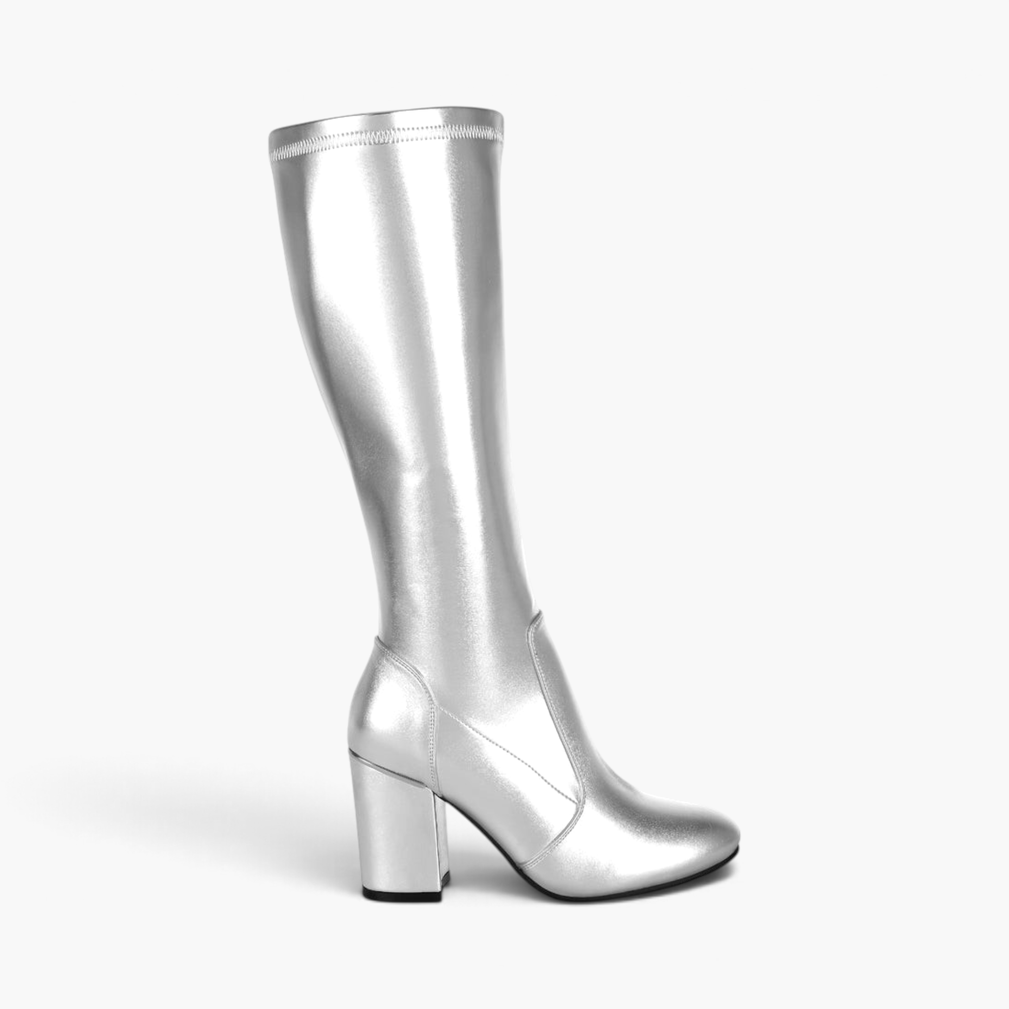 Beach Rose Co. metallic silver knee-high boots with a 3-inch block heel, round toe, and side zipper closure.