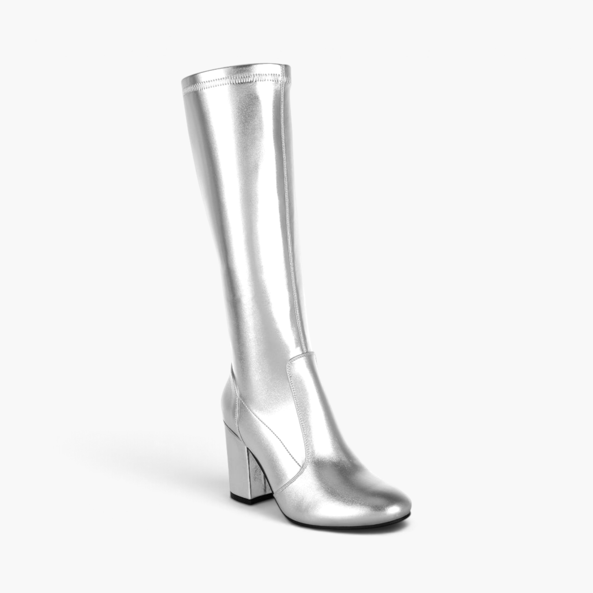 Beach Rose Co. metallic silver knee-high boots with a 3-inch block heel and stretchable pleather upper.
