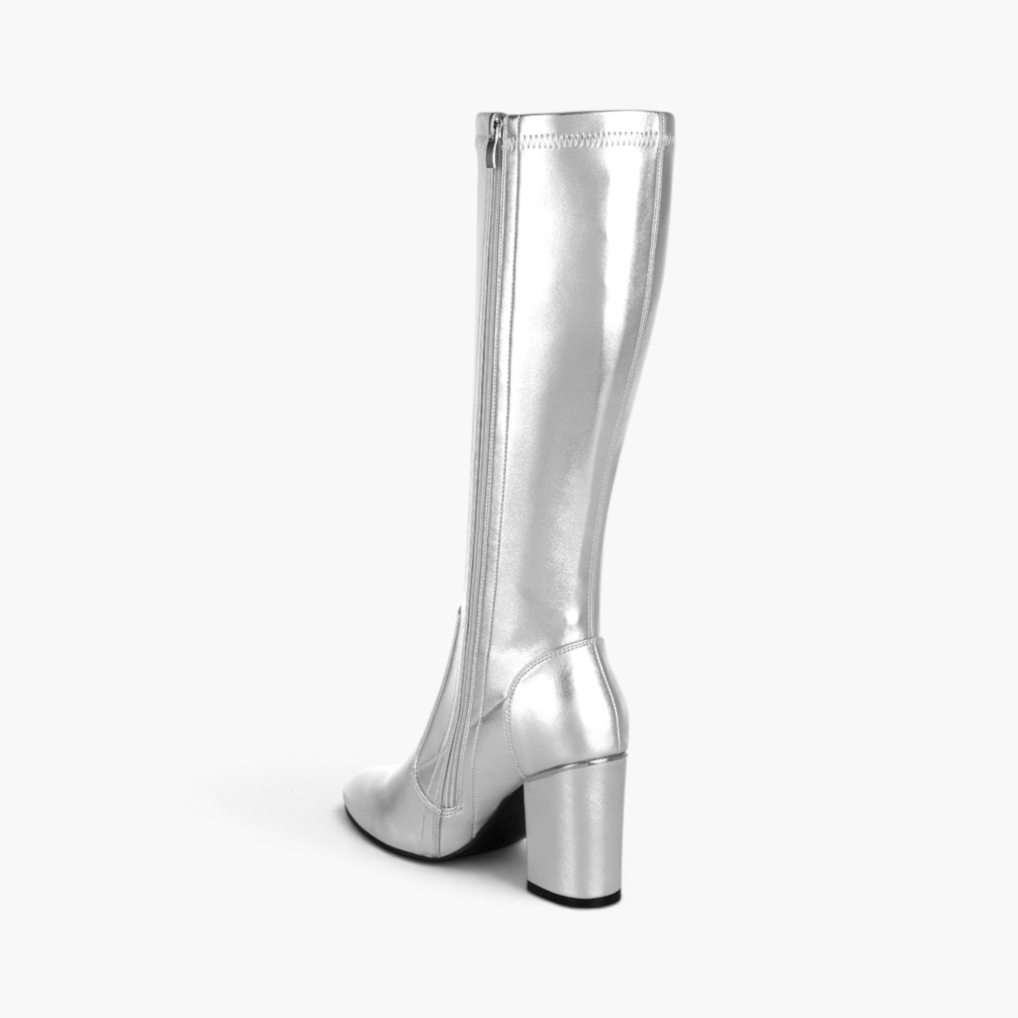 Beach Rose Co. metallic silver knee-high boots with a 3-inch block heel and side zipper, shown from the back view.