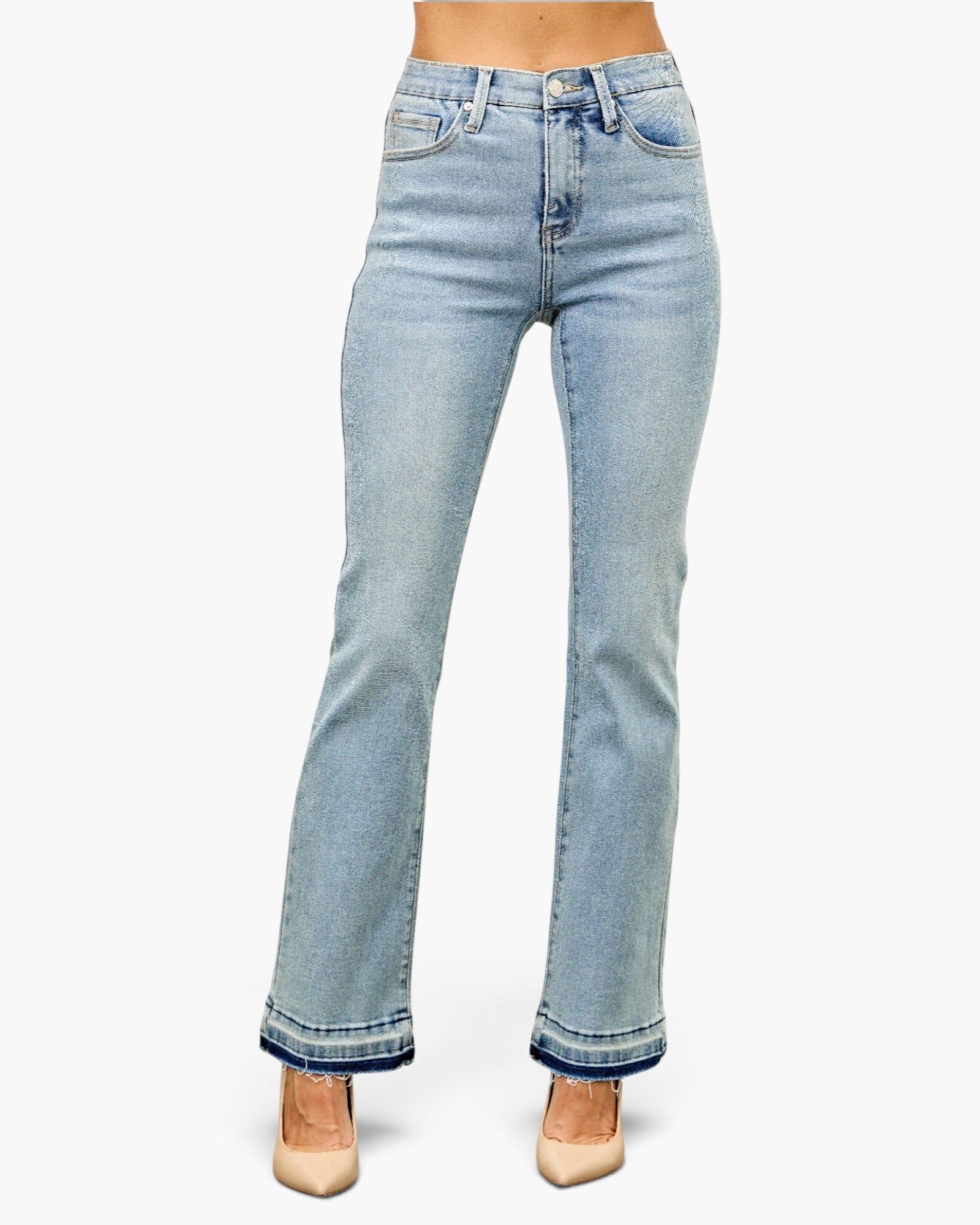 Beach Rose Co. mid-rise flare jeans in light wash denim with a raw released hem and 5-pocket styling