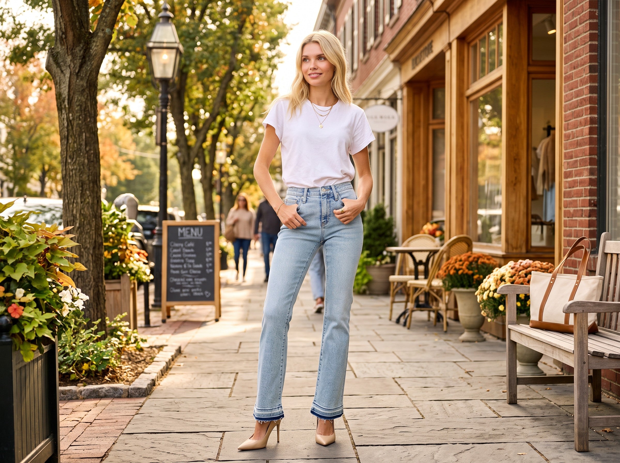 A woman stands on a cobblestone street wearing a white short-sleeve t-shirt, light-wash blue jeans, and beige heels, with storefronts and trees in the background.