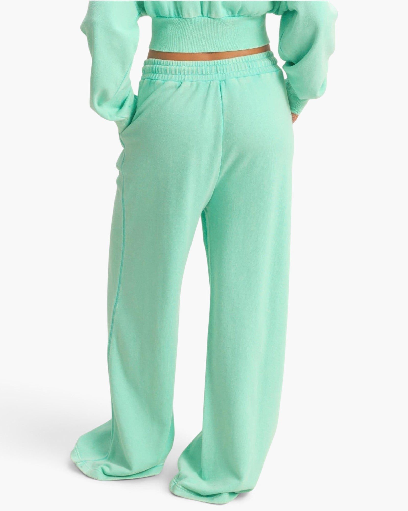 Beach Rose Co. mint green acid wash French terry wide-leg pants with a high-rise elastic waistband, back view.