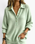Beach Rose Co. mint green relaxed knit sweater with a collared button placket, dropped shoulders, and ribbed trim.