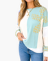 Beach Rose Co. mint, cream, and heather-gray patchwork top with plaid panels, long sleeves, and a round neckline.