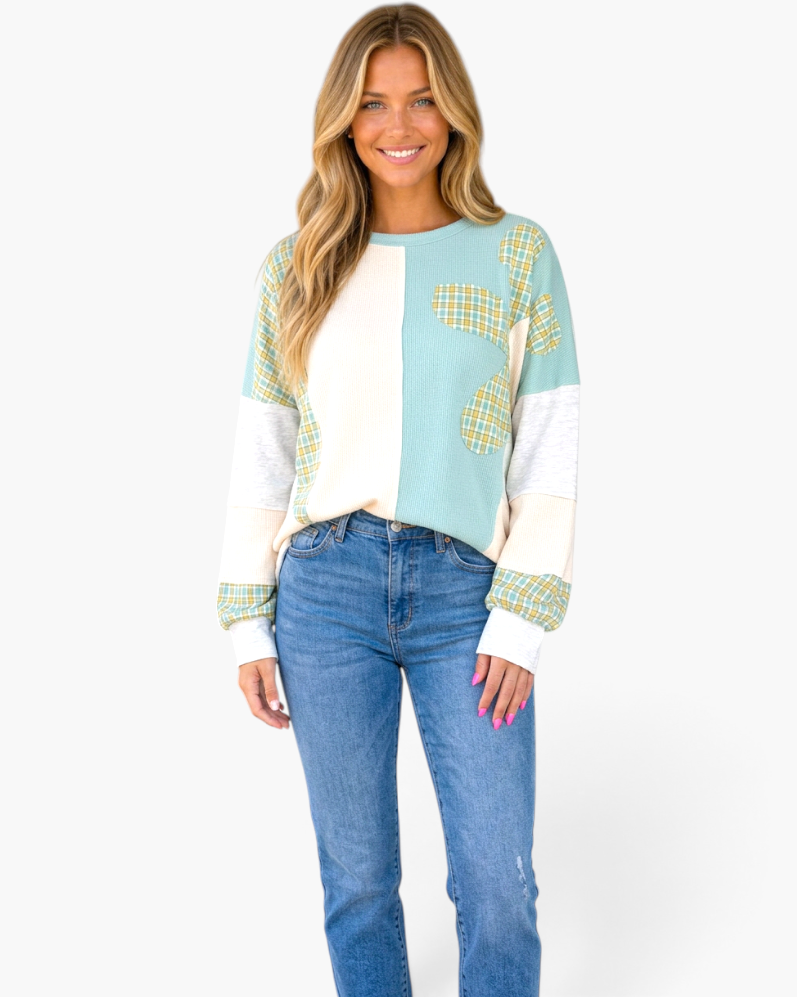Beach Rose Co. mint, cream, and heather gray patchwork long-sleeve top with plaid panels worn by a smiling model.