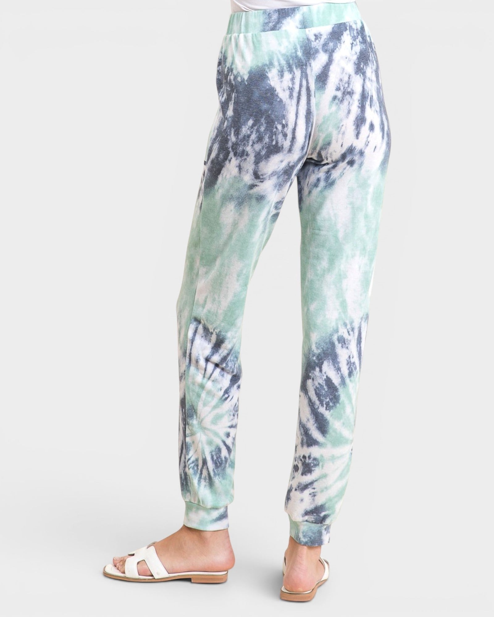 Beach Rose Co. mint, white, and charcoal tie-dye joggers made from soft stretch polyester and spandex with a drawstring waist and jogger cuffs.