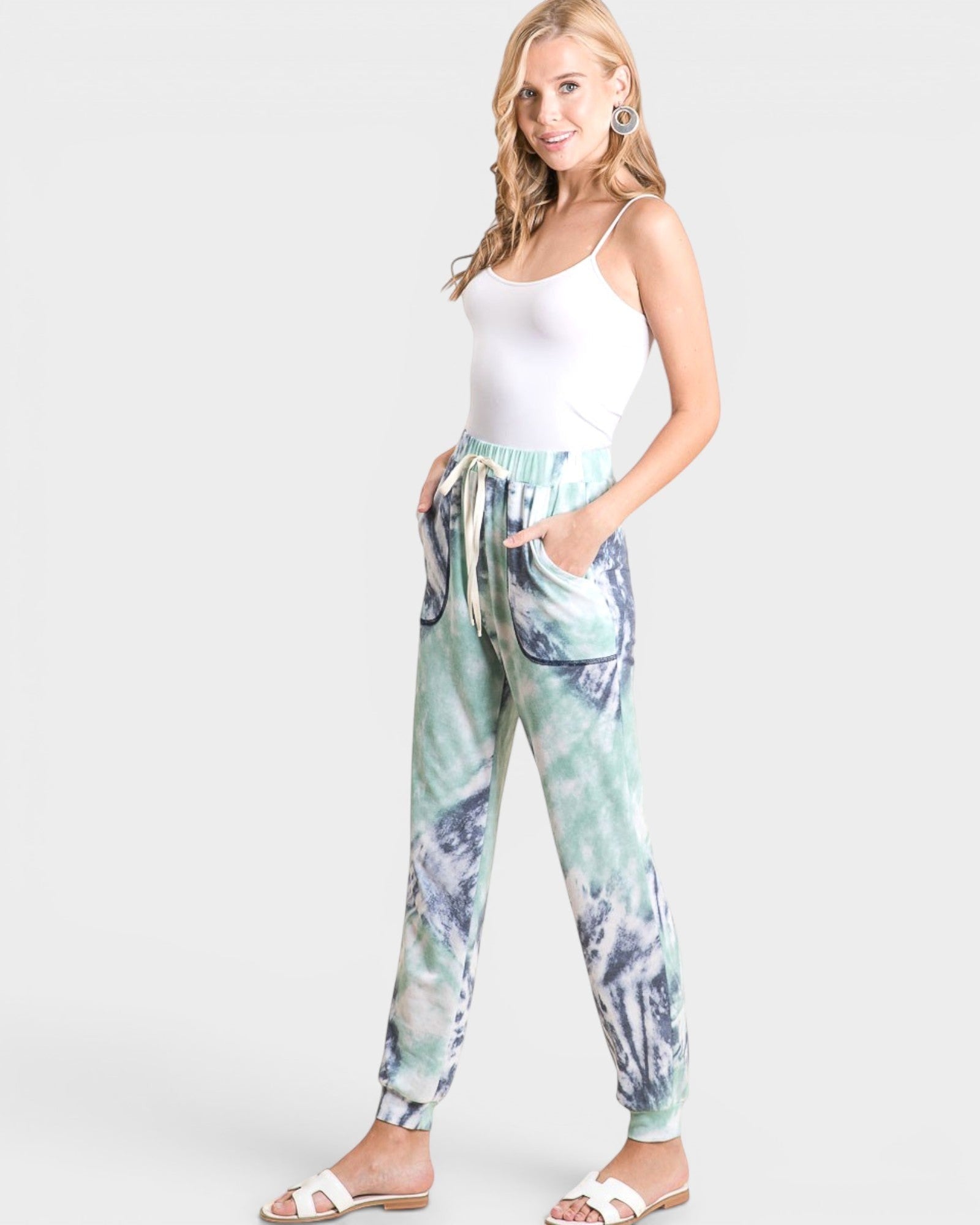Beach Rose Co. mint, white, and charcoal tie-dye joggers with drawstring waist and pockets, made of polyester and spandex.