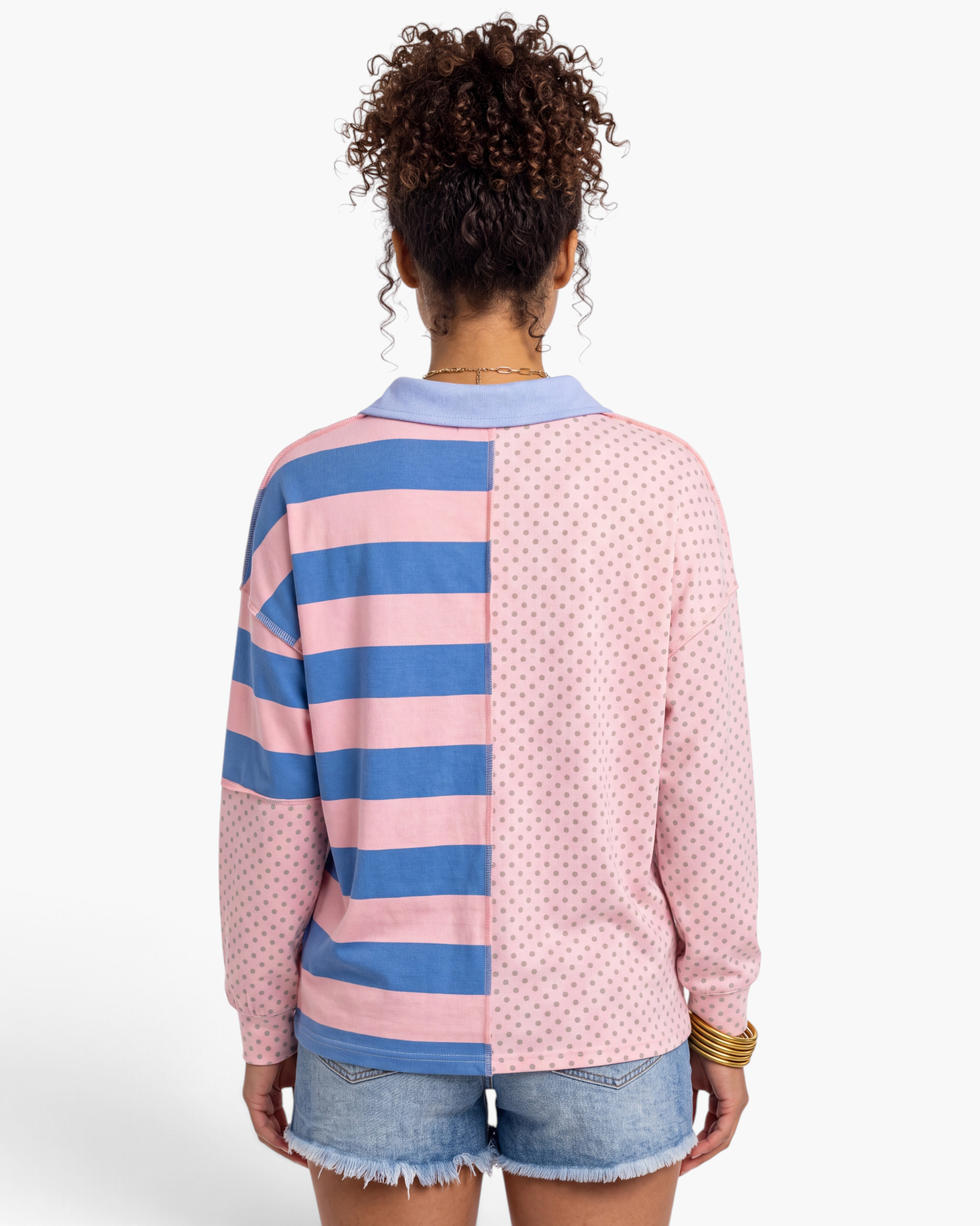Beach Rose Co. long-sleeve collared top featuring a pink and blue striped and mint polka dot patchwork cotton design.