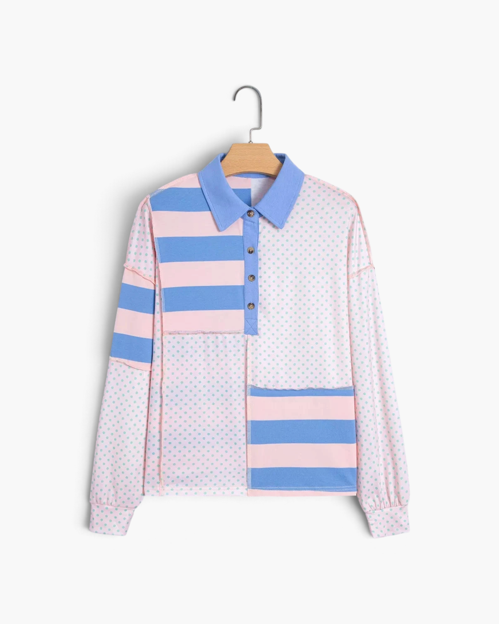 Beach Rose Co. pink and blue mixed print cotton blend long sleeve top with a collared neckline and button placket.