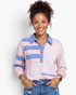Beach Rose Co. cotton blend long sleeve top featuring a pink and blue striped and mint polka dot patchwork design.