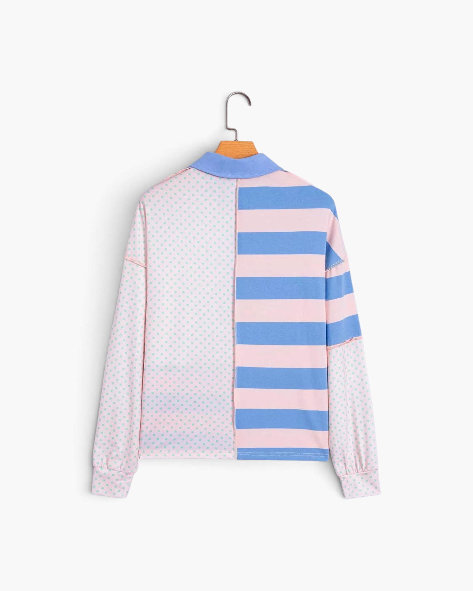 Beach Rose Co. cotton blend long sleeve top featuring a pink and blue striped and mint polka dot patchwork design.