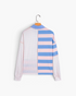 Beach Rose Co. cotton blend long sleeve top featuring a pink and blue striped and mint polka dot patchwork design.