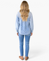 Beach Rose Co. light blue button-front shirt with mixed striped and washed denim panels, worn with blue jeans.