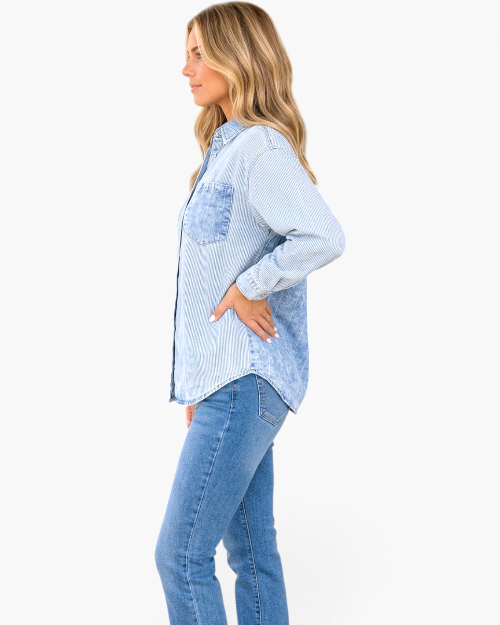 Beach Rose Co. light blue button-front shirt featuring mixed striped and washed denim-look panels on a model.