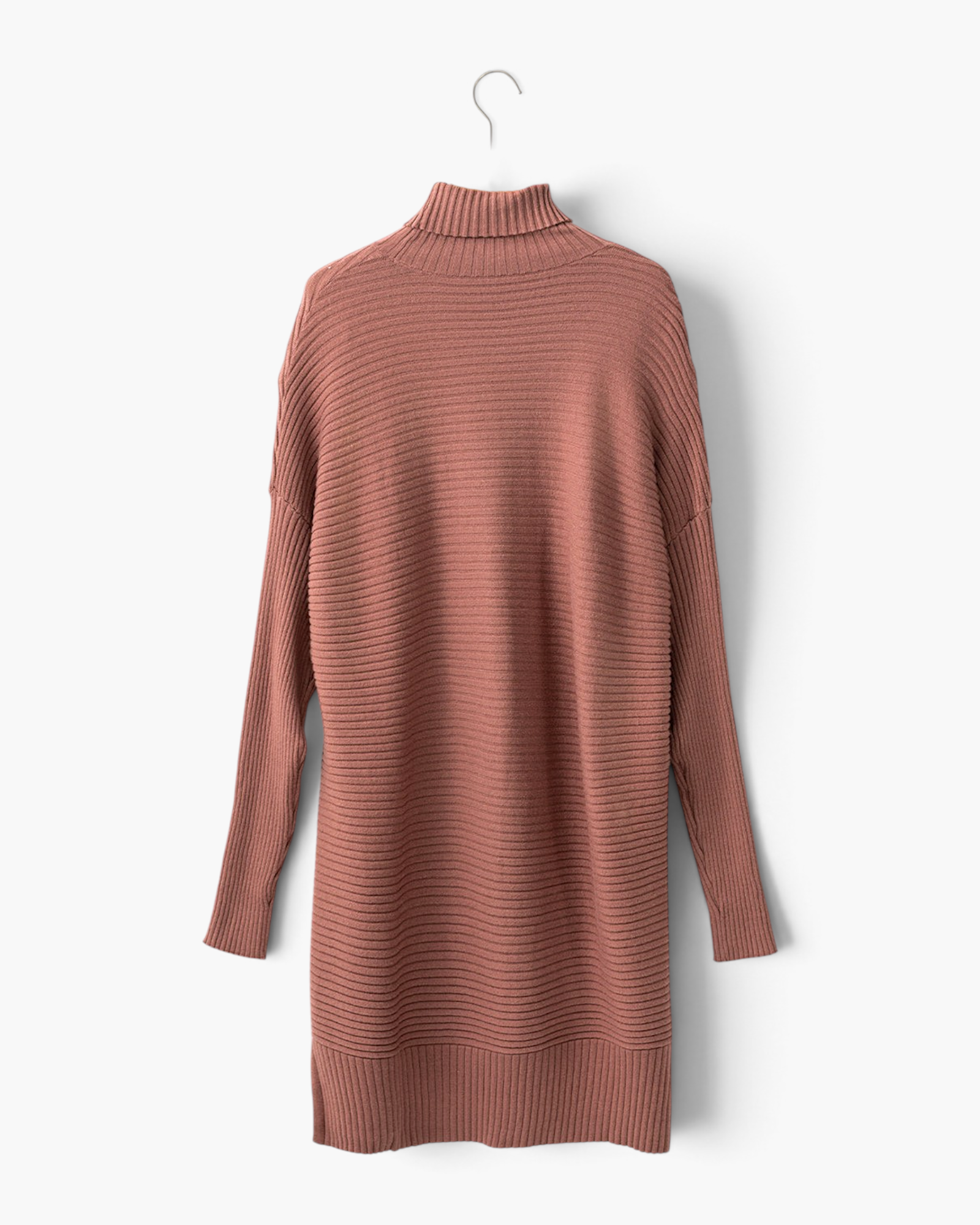 Beach Rose Co. mocha brown ribbed turtleneck tunic sweater with dropped shoulders and side slits on a hanger
