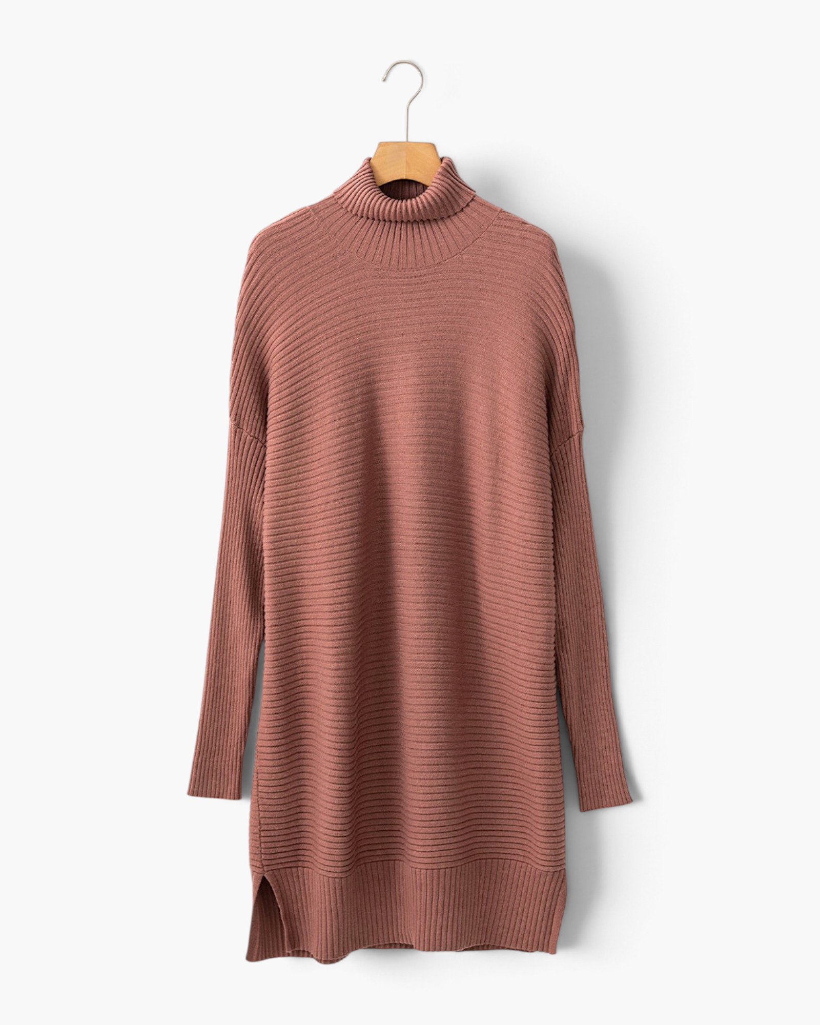 Beach Rose Co. mocha brown ribbed turtleneck tunic sweater with side slits and dropped shoulders on a hanger