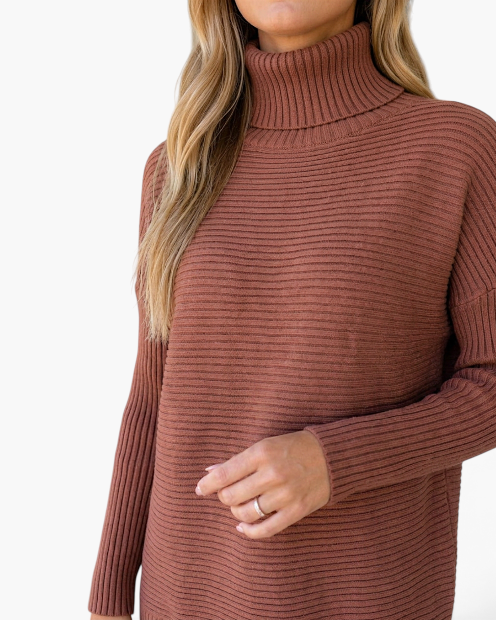 Beach Rose Co. mocha brown ribbed turtleneck sweater with dropped shoulders and a relaxed tunic fit