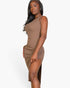 Beach Rose Co. mocha ribbed bodycon midi dress with a sleeveless tank top design and a stylish side slit on a model