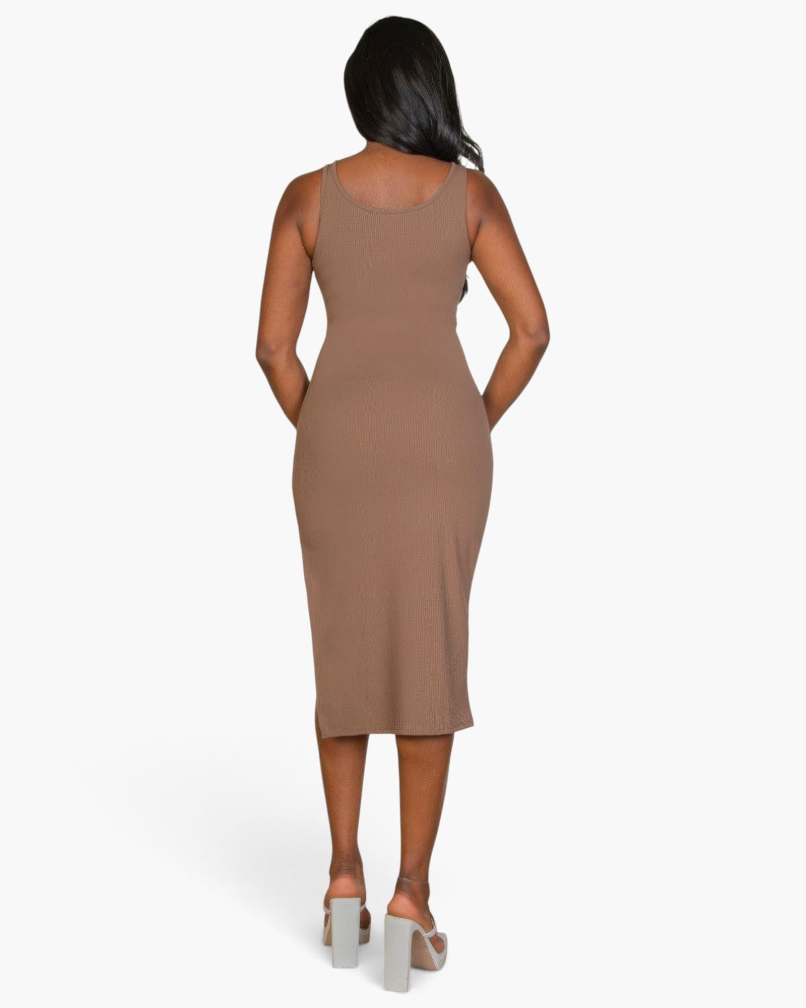 Beach Rose Co. mocha ribbed sleeveless bodycon midi dress with a side slit worn by a model, back view.