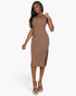 Beach Rose Co. mocha ribbed bodycon midi dress with a sleeveless tank top design and a stylish side slit on a model.