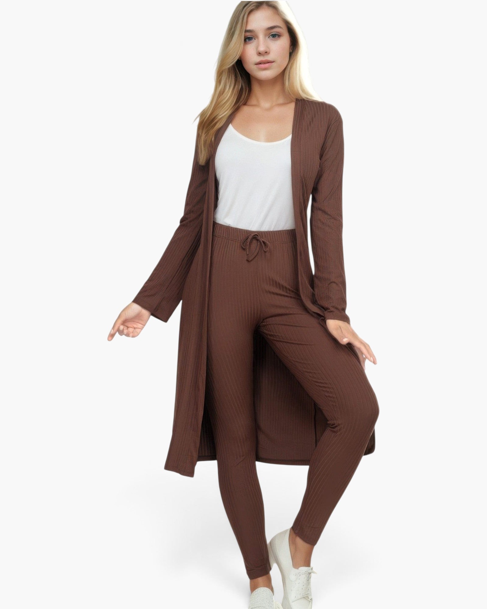 Beach Rose Co. model wearing a mocha brown ribbed long cardigan and matching leggings set over a white tank top.