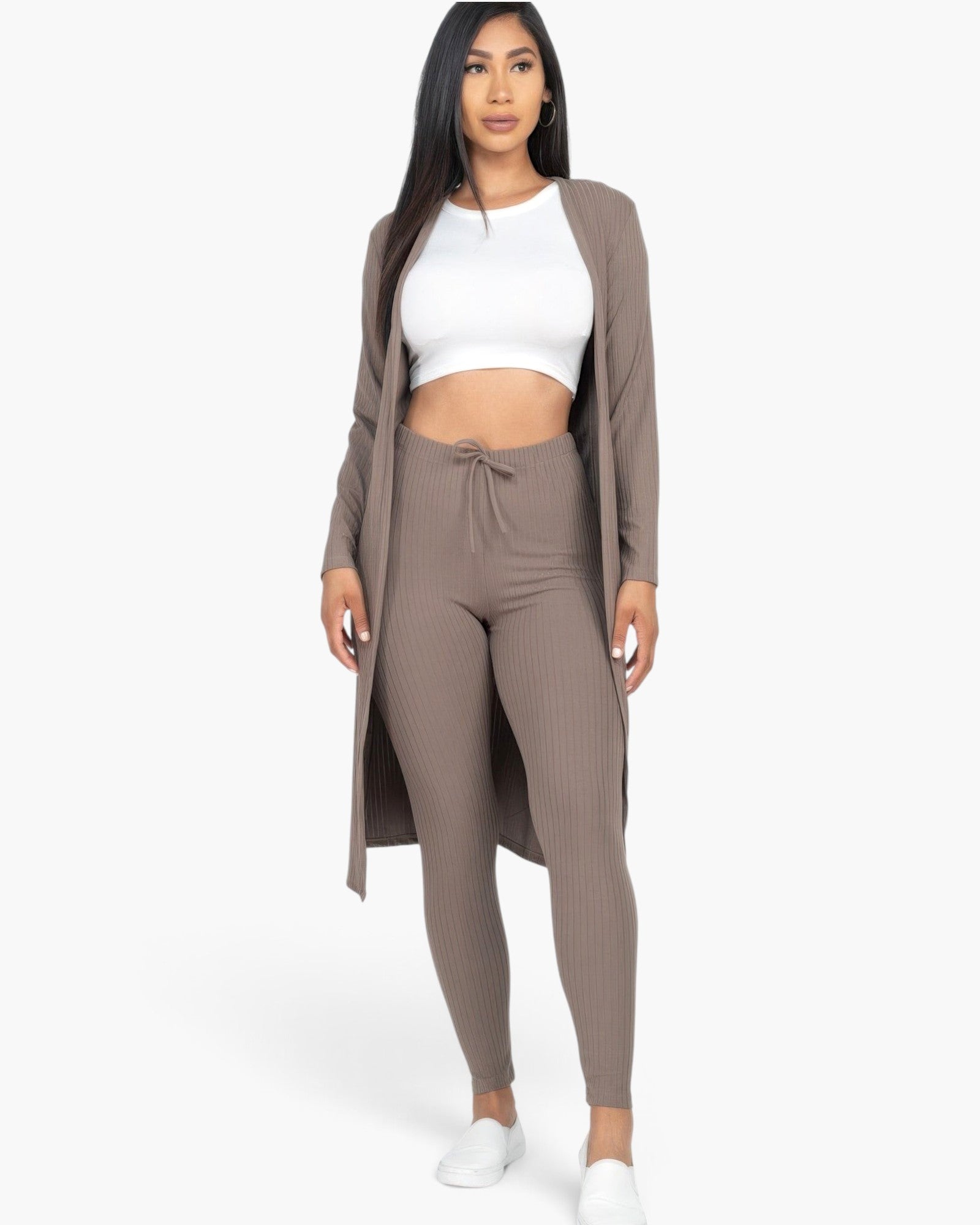 Beach Rose Co. mocha ribbed long cardigan and matching leggings set worn by a model with a white crop top