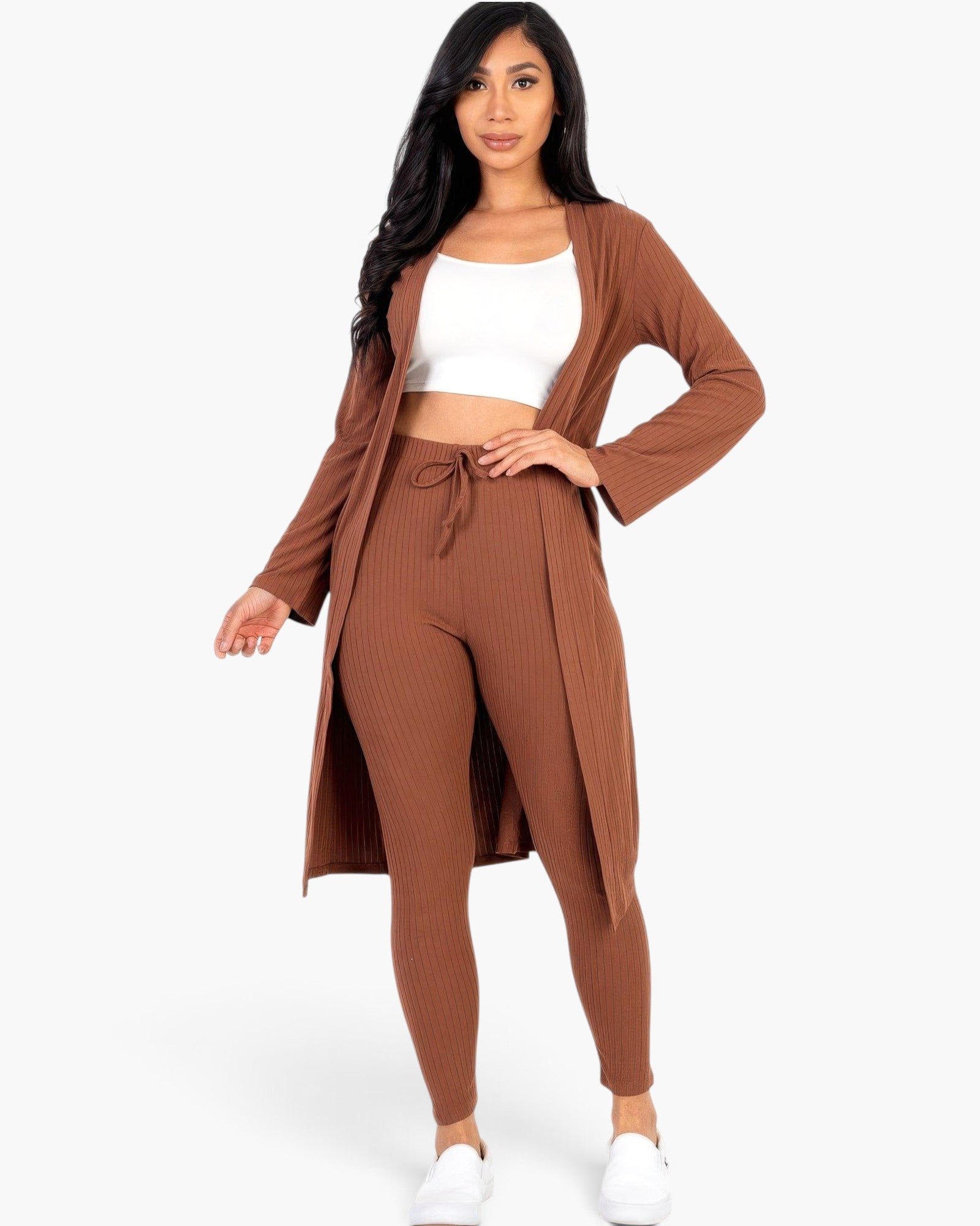 Beach Rose Co. ribbed long cardigan and leggings set in mocha brown worn by a model with a white crop top
