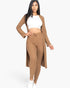 Beach Rose Co. mocha brown ribbed long cardigan and leggings set worn by a model with a white crop top and sneakers.