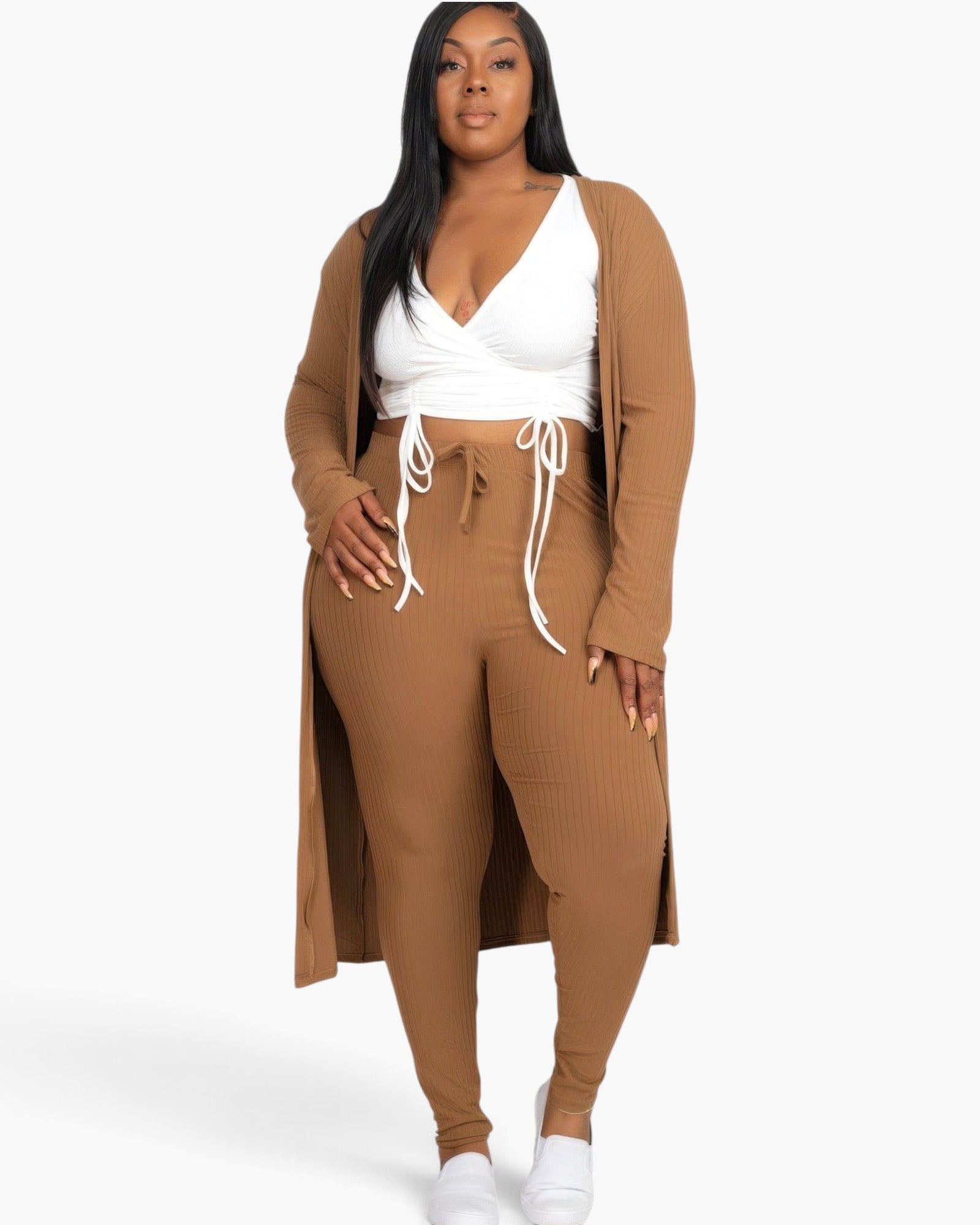 Beach Rose Co. plus size mocha ribbed long cardigan and leggings set worn by a model with a white crop top.