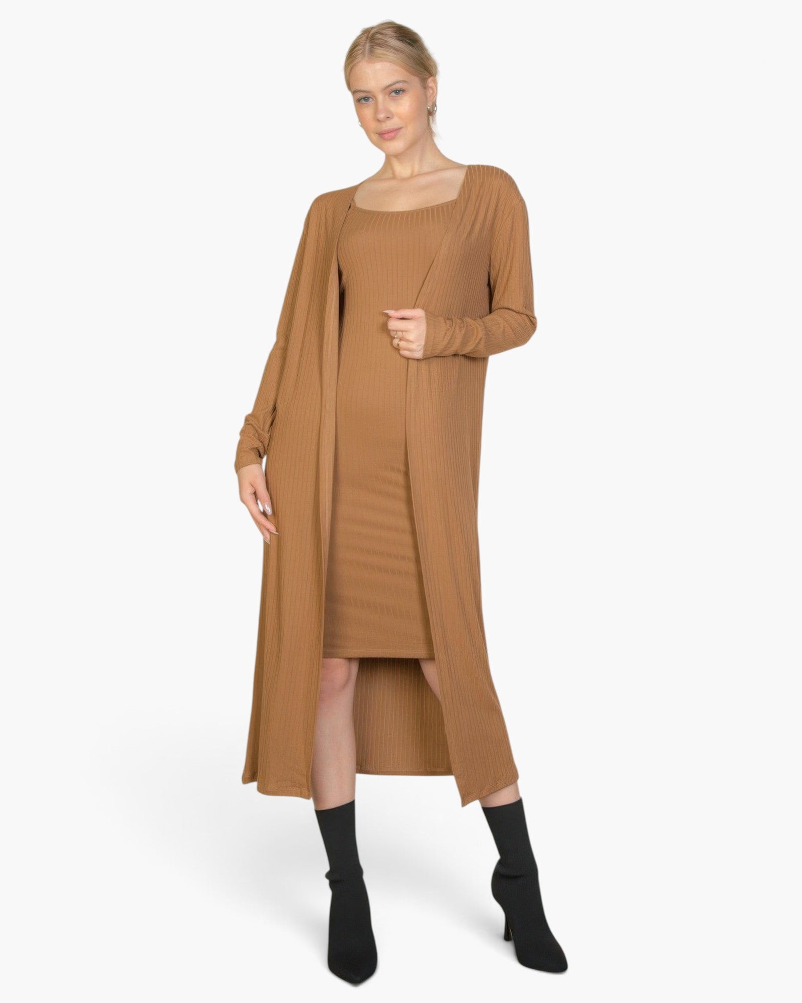 Beach Rose Co. mocha brown ribbed midi bodycon dress and matching long cardigan set worn by a blonde model