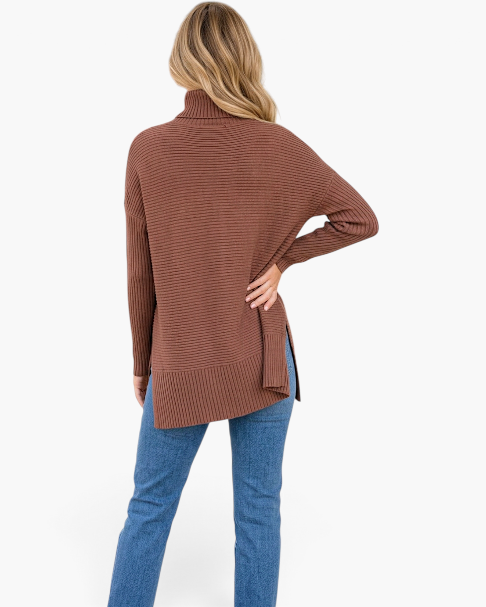 Beach Rose Co. mocha brown ribbed turtleneck sweater with side slits and a relaxed tunic fit worn with blue jeans.