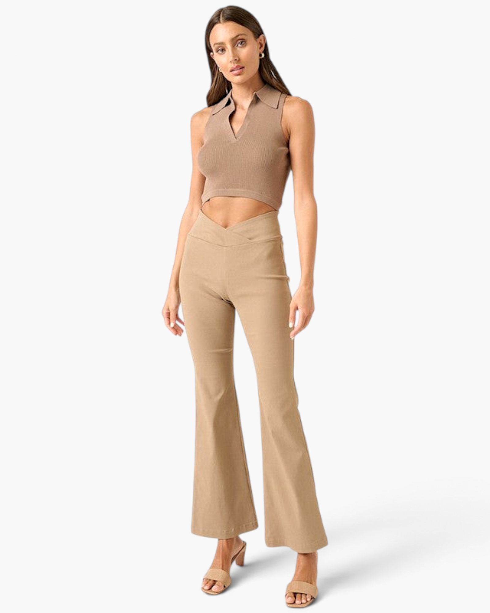 Beach Rose Co. mocha high-rise flare pants with a crossover V-waist worn by a model with a matching ribbed crop top.