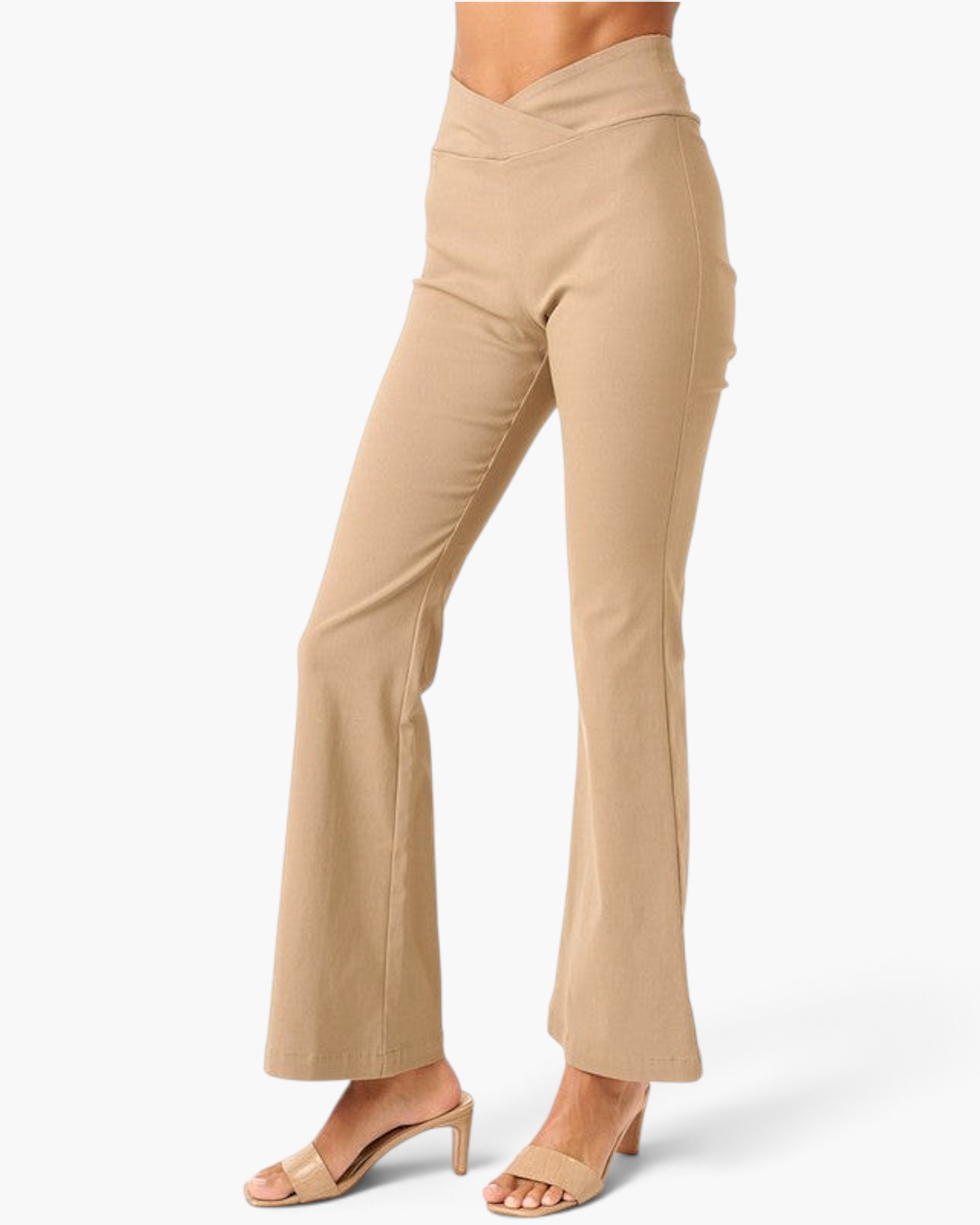 Beach Rose Co. mocha high-rise flare pants with a crossover V-waist in soft stretch fabric on a model