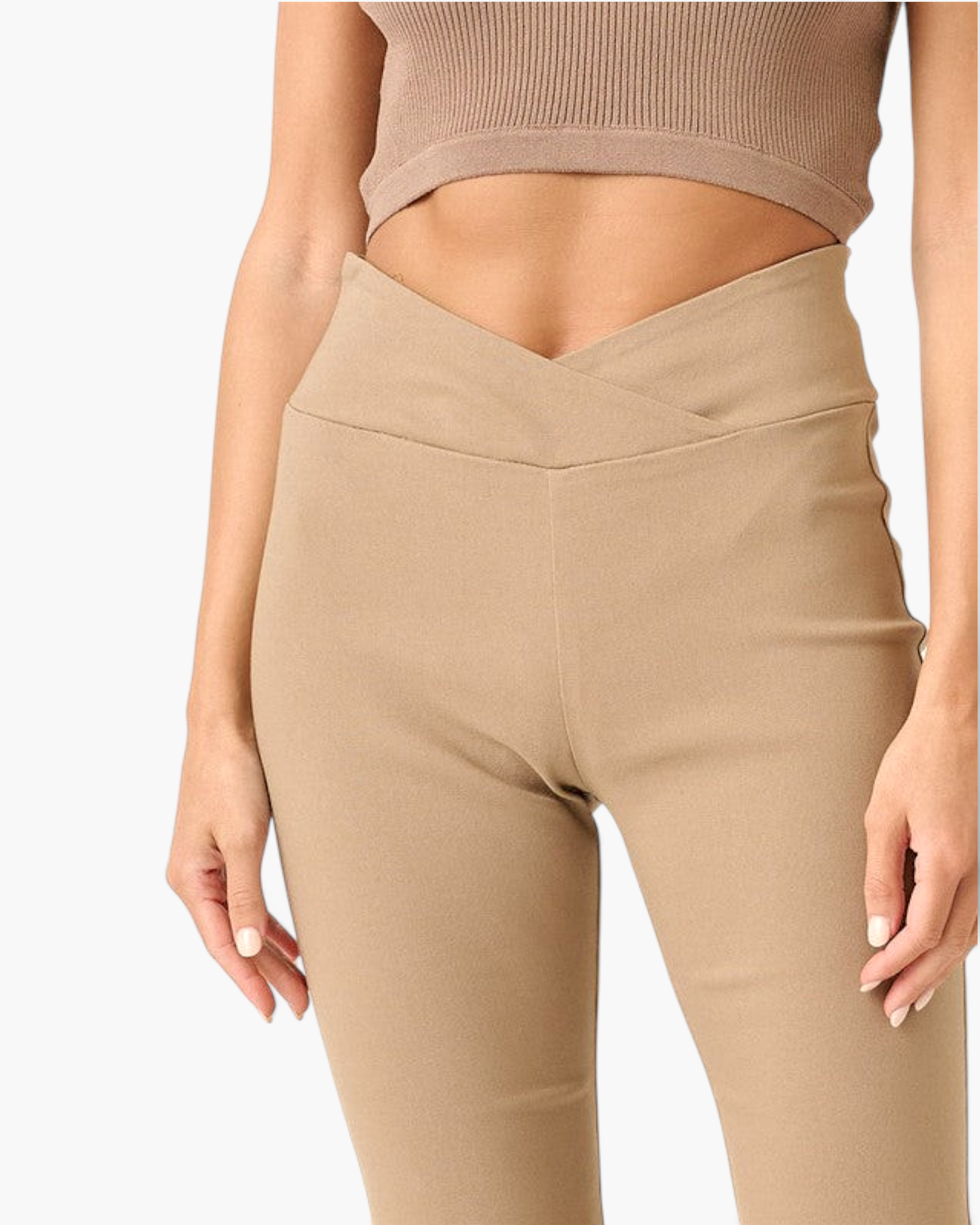 Beach Rose Co. mocha high-rise flare pants with a flattering crossover V-waist in soft stretch fabric