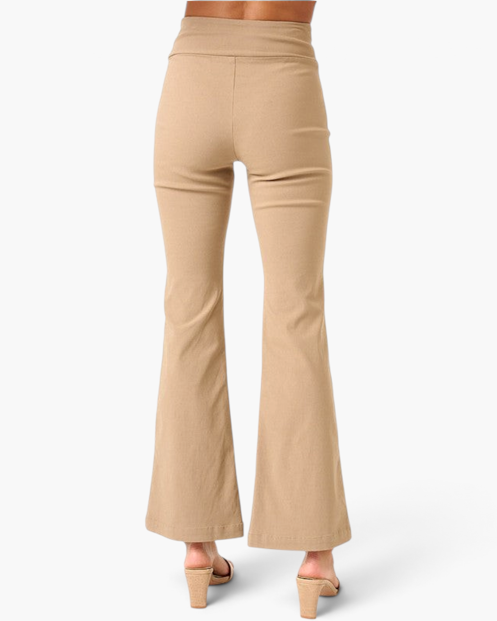 Beach Rose Co. mocha high-rise flare pants with a crossover V-waist, shown from the back on a model.